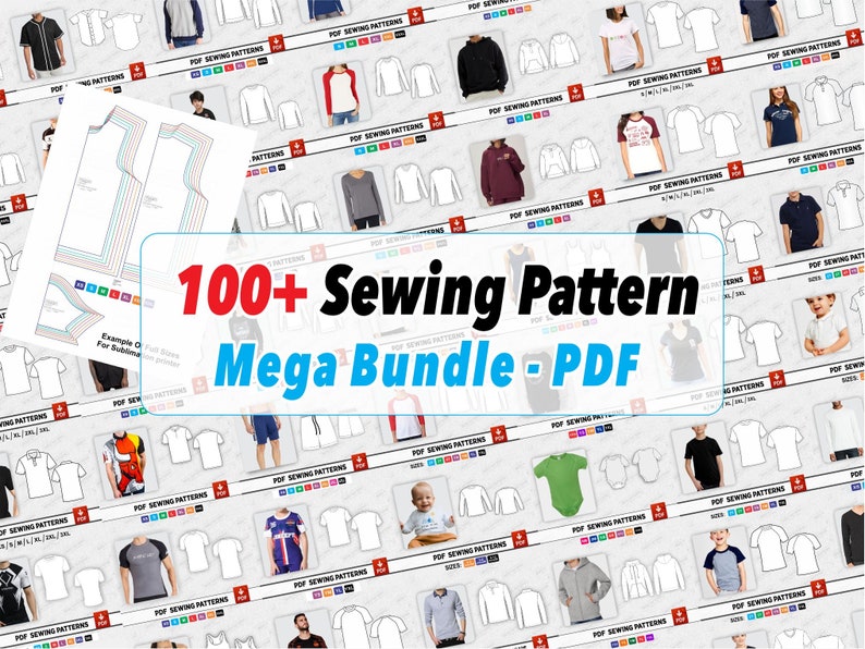 May include: A collage of 100+ sewing patterns for clothing, including t-shirts, hoodies, and more. The patterns are available in a PDF format and are perfect for creating your own custom garments.