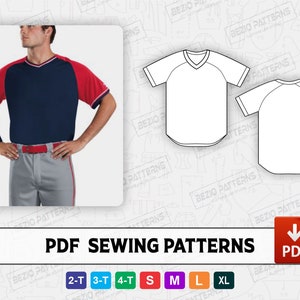 May include: A navy blue and red baseball jersey with a v-neck design. The image also shows a line drawing of the jersey and a PDF sewing pattern with size options. The text "PDF SEWING PATTERNS" is displayed.