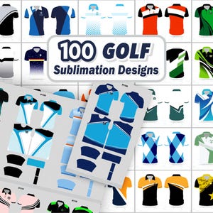 May include: A collection of golf shirt designs in various colors and patterns. The image features a variety of polo shirts with different color combinations, including black, white, blue, green, and orange. The text "100 GOLF Sublimation Designs" is displayed prominently.