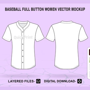 May include: White baseball jersey mockup with a button-up front and short sleeves. The jersey is layered and ready for customization. The text "Quick Print" is visible on the front of the jersey.