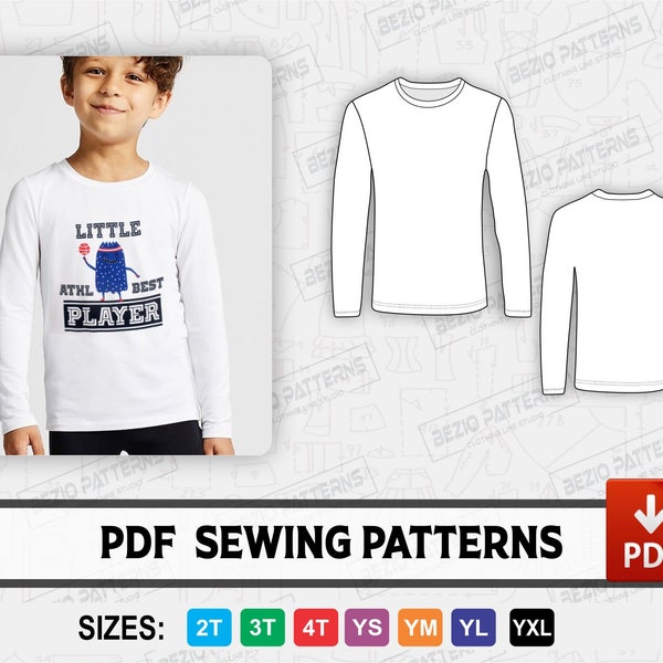 Long Sleeve Youth, Kids Sewing pattern, PDf sewing pattern,Kids / Youth long sleeve Digital pattern,Sizes 2T-3T-4T-S-M-L-XL,Instant Download