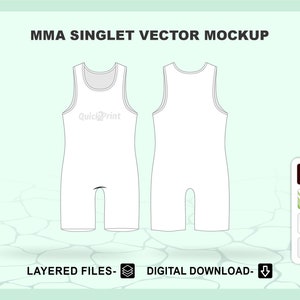 Op de afbeelding: Witte MMA singlet mockup met de tekst "QuickPrint" op de voorkant. De mockup is gelaagd en beschikbaar als digitale download in de formaten AI, CDR, EPS en PDF.