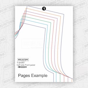 May include: A diagram showing how to cut out a t-shirt pattern. The diagram shows the different pieces of the pattern, including the front, back, and sleeves. The diagram is labeled with the number "1" and the text "Pages Example".