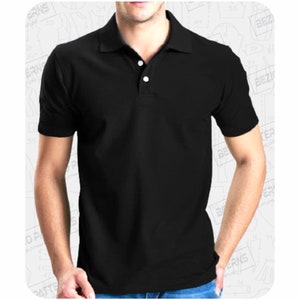 May include: A black polo shirt with a white button closure.