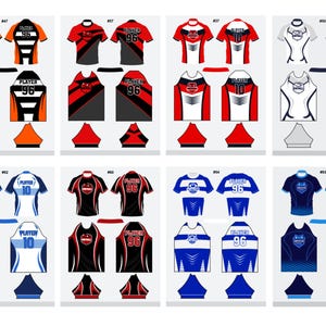 以下が含まれることがあります： オレンジ、赤、黒、白、青など、さまざまな配色が施されたスポーツジャージのコレクション。各ジャージは、番号「96」または「10」と「PLAYER」の文字が入ったユニークなデザインです。画像は前面と背面を示しています。