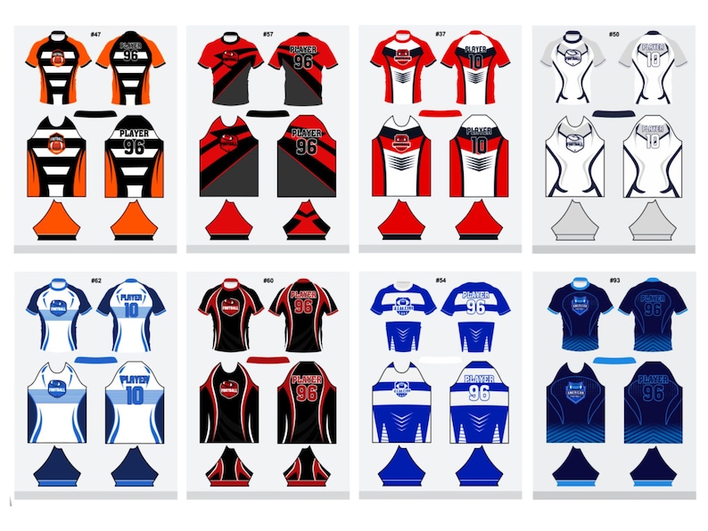以下が含まれることがあります： オレンジ、赤、黒、白、青など、さまざまな配色が施されたスポーツジャージのコレクション。各ジャージは、番号「96」または「10」と「PLAYER」の文字が入ったユニークなデザインです。画像は前面と背面を示しています。