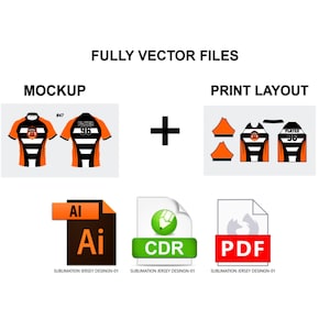 以下が含まれることがあります： ジャージデザインのモックアップとプリントレイアウトを示す画像。ジャージはオレンジ、黒、白で、背中に96番がプリントされています。画像には、AI、CDR、PDFのファイルタイプアイコンと「FULLY VECTOR FILES」のテキストも含まれています。