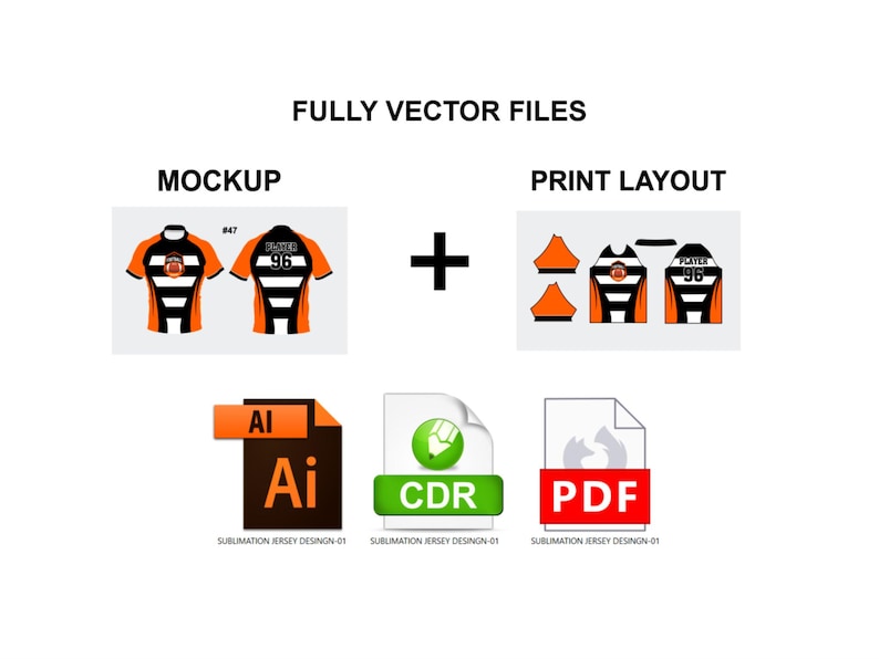 以下が含まれることがあります： ジャージデザインのモックアップとプリントレイアウトを示す画像。ジャージはオレンジ、黒、白で、背中に96番がプリントされています。画像には、AI、CDR、PDFのファイルタイプアイコンと「FULLY VECTOR FILES」のテキストも含まれています。