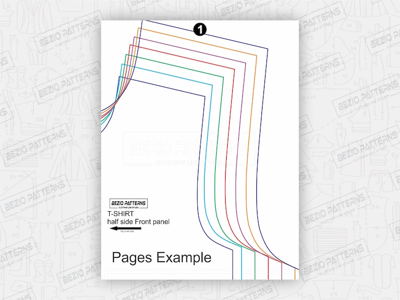 May include: A diagram showing how to cut out a t-shirt pattern. The diagram shows the different pieces of the pattern, including the front, back, and sleeves. The diagram is labeled with the number "1" and the text "Pages Example".