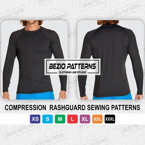 May include: A black long-sleeve compression rashguard sewing pattern. The pattern is available in sizes XS, S, M, L, XL, XXL, and XXXL. The pattern is for a rashguard, which is a type of compression shirt that is often worn by surfers, swimmers, and other water sports enthusiasts.