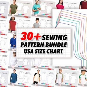 May include: A digital sewing pattern bundle featuring a collection of t-shirt and polo shirt designs for various sizes. The central graphic displays the text 30+ SEWING PATTERN BUNDLE USA SIZE CHART over a grid background with colourful line patterns.