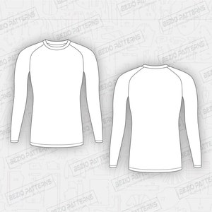 May include: A white long-sleeved shirt with a crew neck and raglan sleeves. The shirt is shown in both front and back views.