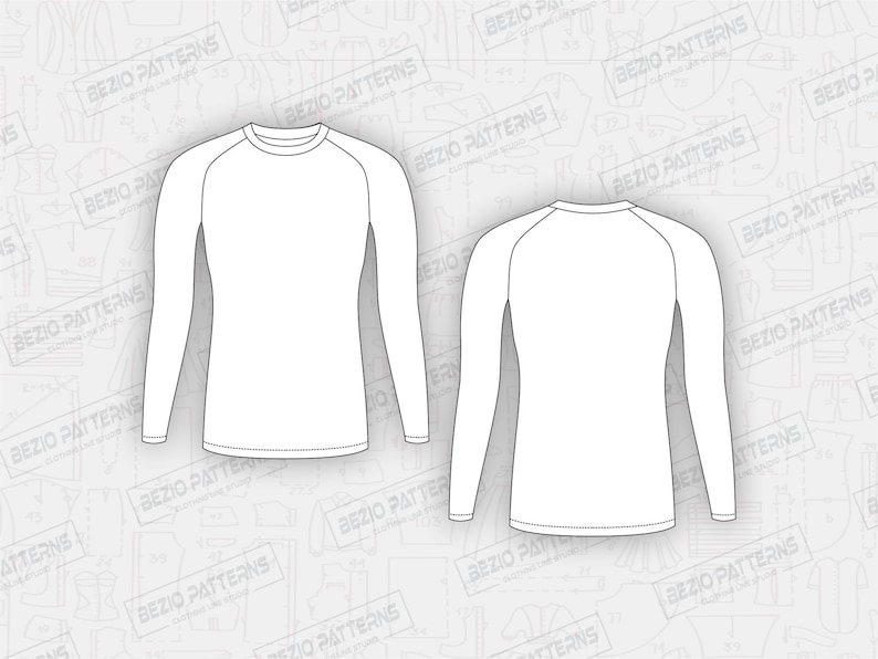 May include: A white long-sleeved shirt with a crew neck and raglan sleeves. The shirt is shown in both front and back views.