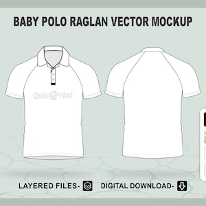 May include: A white baby polo shirt mockup with a raglan sleeve design. The shirt is shown from the front and back. The text "QuickPrint" is printed on the front of the shirt.