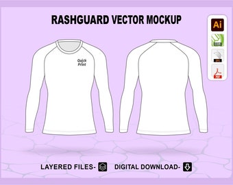 Rashguard Mockup Template For Design, Layered Illustrator Vector Mockup for Techpack cad, Ai, Cdr, Pdf, Eps, files Instant Download