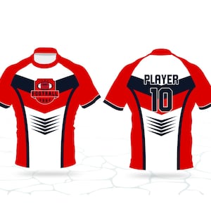 以下が含まれることがあります： 赤、白、ネイビーブルーのアメリカンフットボールのジャージ。前面にはフットボールのグラフィックと「FOOTBALL」の文字があります。背面には「PLAYER」と数字の「10」が表示されています。