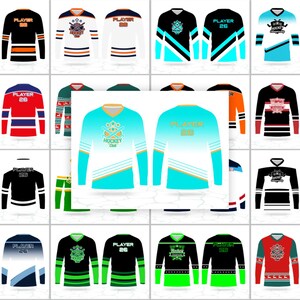 May include: A selection of hockey jerseys in diverse colours, such as black, white, red, and green. Each jersey displays a unique design with team logos, stripes, and the word "PLAYER" with a number on the back. The jerseys are long-sleeved.