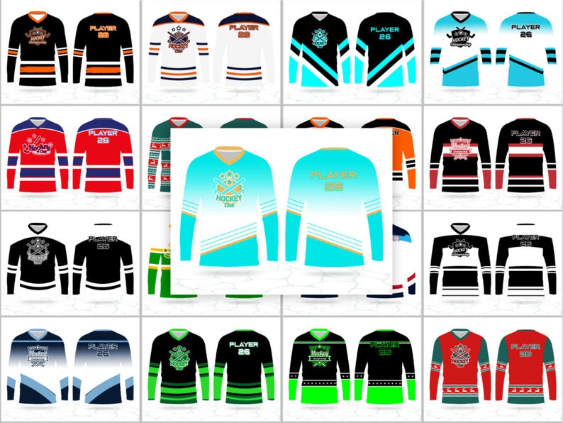 May include: A selection of hockey jerseys in diverse colours, such as black, white, red, and green. Each jersey displays a unique design with team logos, stripes, and the word "PLAYER" with a number on the back. The jerseys are long-sleeved.