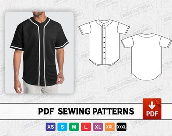 Honkbaltrui volledige knop Heren Naaien PDF Patroon, PDF Naaipatroon, Digitaal patroon Honkbaltrui, Maten XS tot 3XL, Instant Download