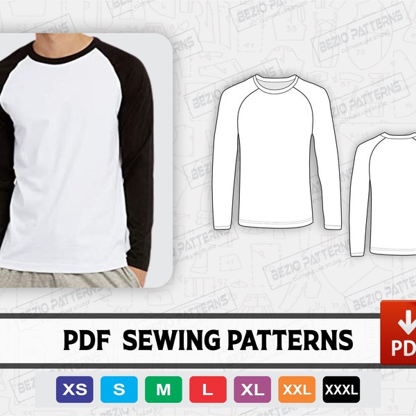 Langarm Raglan Ärmel Männer Nähen, PDF-Muster, PDF-Schnittmuster, digitales Schnittmuster, Langarm-Shirt Raglan, Größen XS - 3XL, Sofort-Download