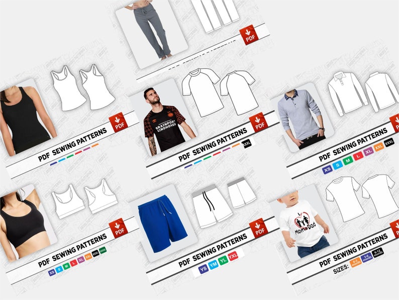 May include: A collection of PDF sewing patterns for various clothing items, including shirts, trousers, shorts, and tank tops. The patterns are available in a variety of sizes, from XS to XXL.