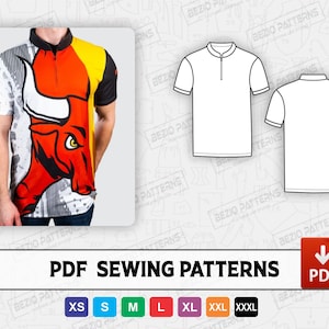 Pode incluir: Padrões de costura PDF para uma camisa polo com fecho de zíper de meia-comprimento. Os padrões estão disponíveis nos tamanhos XS, S, M, L, XL, XXL e XXXL. A imagem mostra uma camisa polo branca com fecho de zíper de meia-comprimento e um gráfico de um touro na frente.