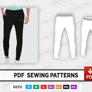 May include: PDF sewing patterns for sweatpants in sizes S, M, L, XL, 2XL, 3XL, and 4XL. The image shows a black pair of sweatpants on a model and two white sweatpants on a white background.