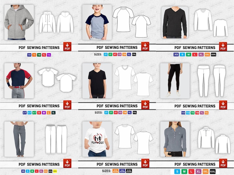 May include: A collection of PDF sewing patterns for various clothing items, including hoodies, t-shirts, trousers, and leggings. The patterns are available in a variety of sizes for both children and adults.