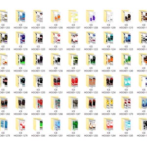 May include: A grid of digital folders, each labelled "ICE HOCKEY" and numbered. The folders display diverse ice hockey jersey designs, featuring a variety of team colours and styles, suitable for digital resources.