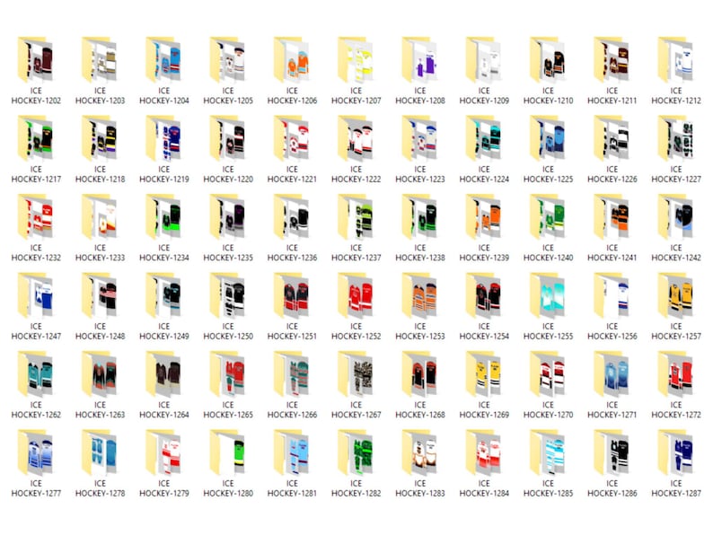 May include: A grid of digital folders, each labelled "ICE HOCKEY" and numbered. The folders display diverse ice hockey jersey designs, featuring a variety of team colours and styles, suitable for digital resources.