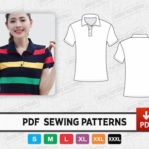 Puede incluir: Patrones de costura PDF para una camiseta polo en tallas S, M, L, XL, XXL y XXXL. La imagen muestra a una mujer con una camiseta polo a rayas y dos dibujos de línea de la camiseta.