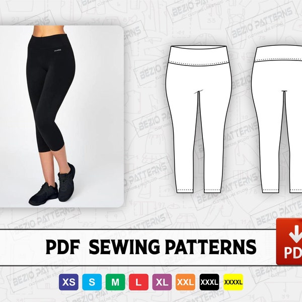 Leggings mit hoher Taille kurz capri Länge Schnittmuster / Vorlagen, PDF Schnittmuster, digitale Schnittmuster Leggings, Größen XS-4XL, Sofort Download