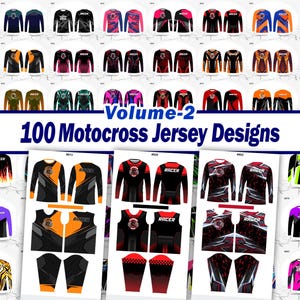 May include: A collection of 100 motocross jersey designs. The jerseys are long-sleeved and feature various color schemes, including black, orange, red, blue, and purple. The text "Volume-2" and "100 Motocross Jersey Designs" are displayed.