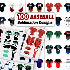 May include: A collection of 100 baseball sublimation designs. The designs feature various baseball jerseys in different colors, including black, red, blue, and green. Each jersey has the number "77" on it. The image also includes the text "100 BASEBALL Sublimation Designs."