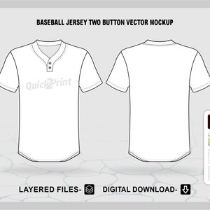 May include: A white baseball jersey mockup with two buttons on the collar. The jersey has short sleeves and a rounded hem. The text "Quick2Print" is printed on the front of the jersey.