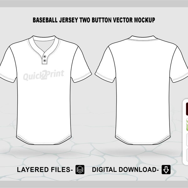 Baseball Jersey Two Button Mockup Template, layered Illustrator Vector Mockup for Techpack cad, Ai, Cdr, Pdf, Eps, files Instant Download