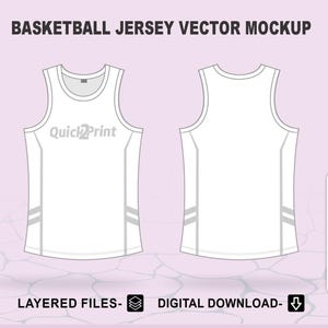 Plantilla de maqueta de camiseta de baloncesto para diseño, maqueta vectorial en capas de Illustrator para Techpack CAD, AI, CDR, PDF, EPS, descarga instantánea.