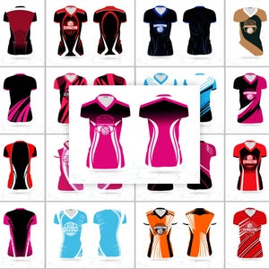 May include: Collection of volleyball jerseys in various colors, including red, black, pink, blue, and orange. Each jersey features a V-neck design and a volleyball graphic. The jerseys have contrasting color accents and are displayed in front and back views.