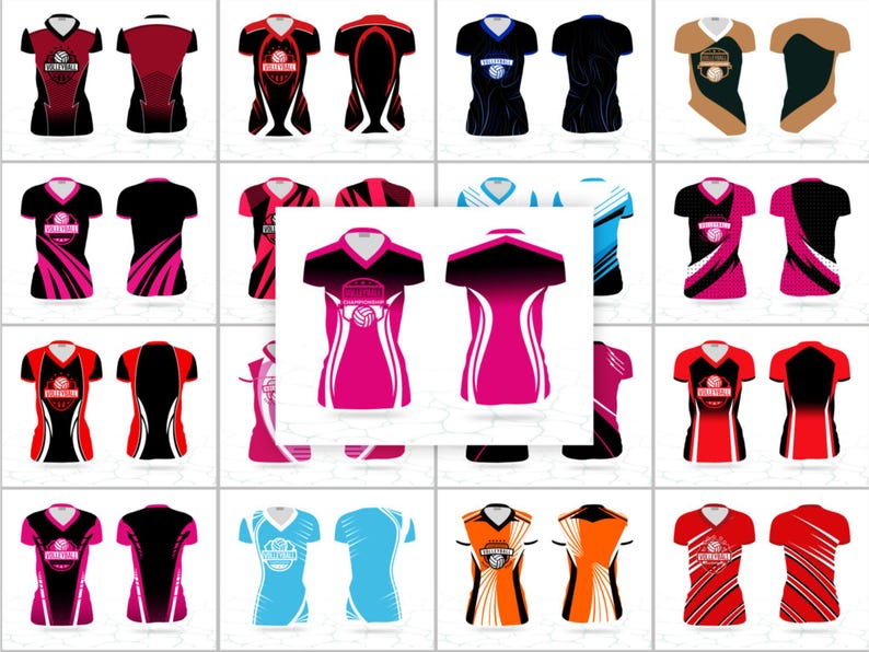 May include: Collection of volleyball jerseys in various colors, including red, black, pink, blue, and orange. Each jersey features a V-neck design and a volleyball graphic. The jerseys have contrasting color accents and are displayed in front and back views.