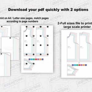 May include: A diagram showing two ways to print a sewing pattern. The first option is to print on A4 or Letter size pages and match the pages according to the page numbers. The second option is to print the full-size file on a large-scale printer.