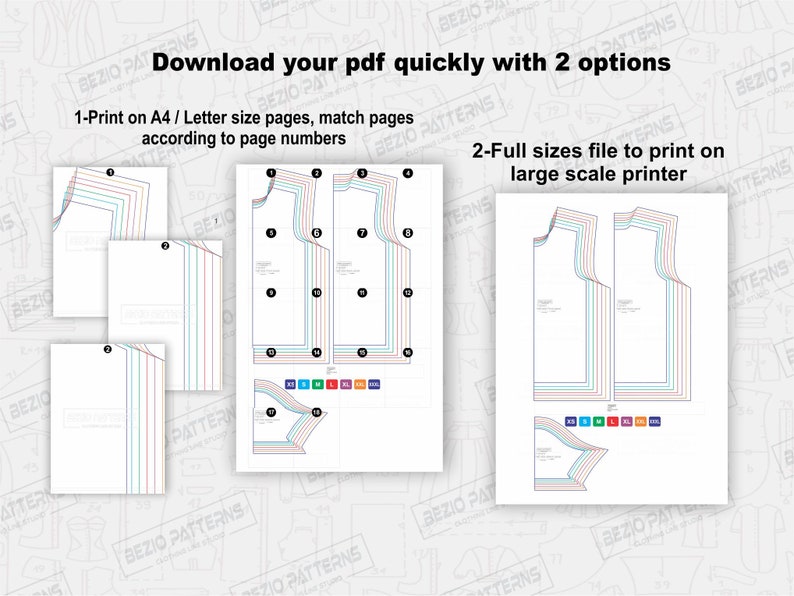 May include: A diagram showing two ways to print a sewing pattern. The first option is to print on A4 or Letter size pages and match the pages according to the page numbers. The second option is to print the full-size file on a large-scale printer.