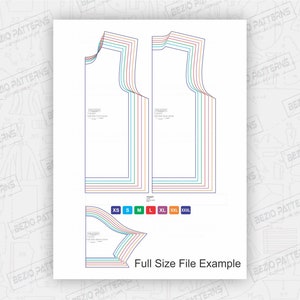May include: A digital sewing pattern for a sleeveless top, with size options ranging from XS to XXXL. The pattern is displayed on a white background with the text "Full Size File Example".