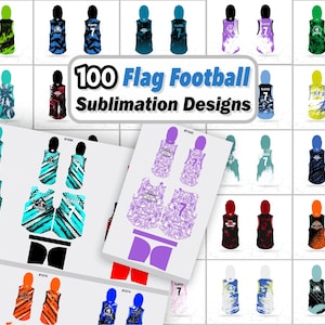 May include: A collection of 100 flag football sublimation designs. The designs feature various color schemes and patterns on sleeveless jerseys, including the number 7 and the word "PLAYER". The designs are displayed on a white background.