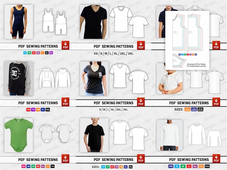 May include: A collection of sewing patterns for different types of clothing, including shirts, hoodies, and onesies. The patterns are available in a variety of sizes and are printed on white paper. The patterns are labelled with the words "PDF Sewing Patterns" and "Sizes".