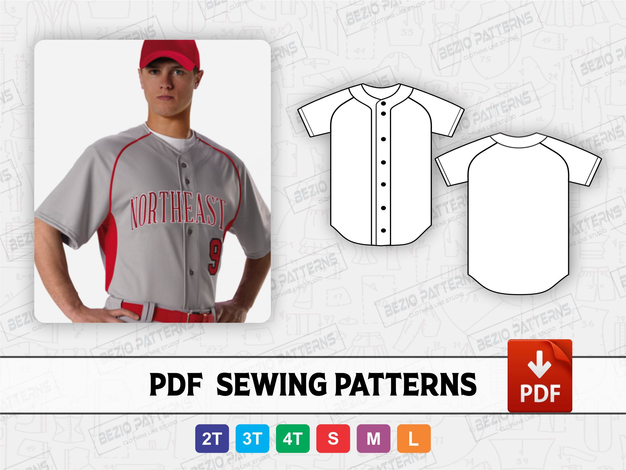 Baseball Jersey Full Button Raglan Sleeves Men PDF Sewing 
