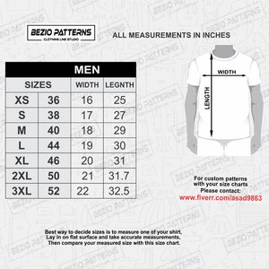 May include: A size chart for men's shirts with measurements in inches. The chart shows the size, width, and length of the shirt in inches. The chart is on a white background with a gray pattern.