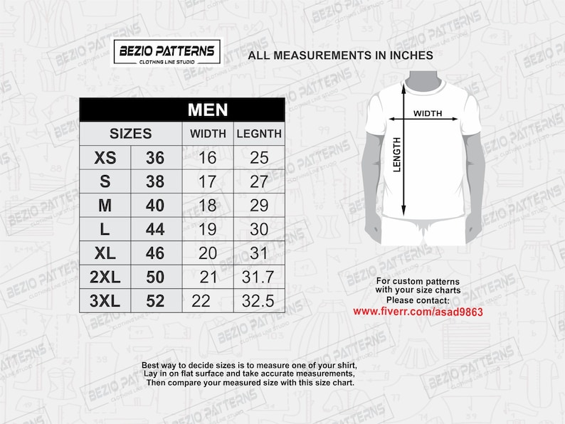 May include: A size chart for men's shirts with measurements in inches. The chart shows the size, width, and length of the shirt in inches. The chart is on a white background with a gray pattern.
