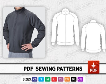 Zip Up Track Jacket Mangas raglán Hombres Coser Patrón PDf, Patrón de costura PDF, Patrón digital Chaqueta de chándal, Tallas XS a 4XL, Descarga instantánea
