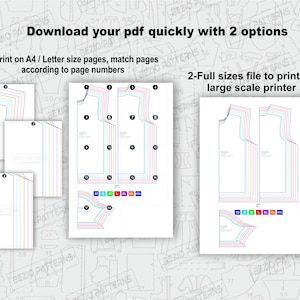 May include: Two options for printing a sewing pattern: print on A4/Letter size pages or print on a large scale printer. The pattern includes multiple sizes and is shown in different colors.