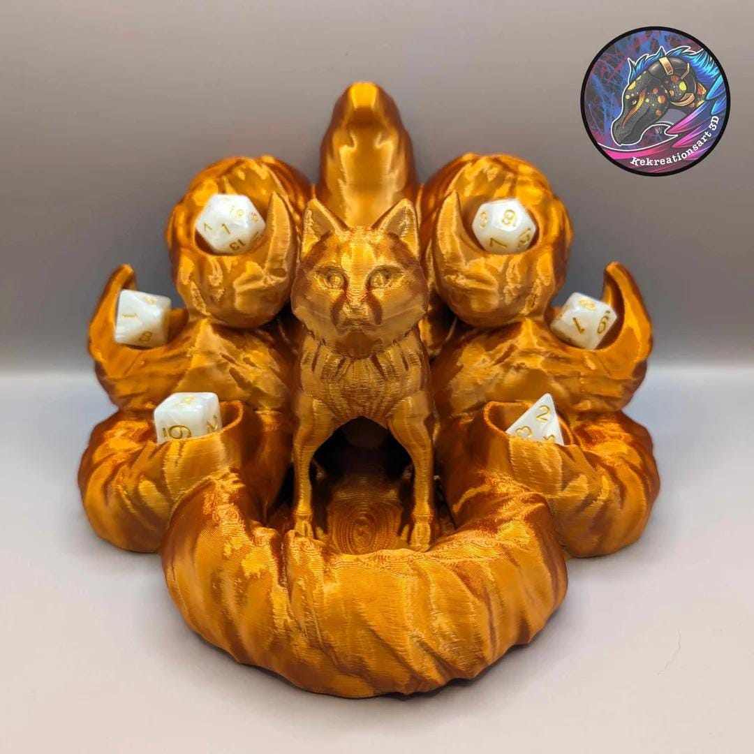 Kitsune Dice Tower – Mythical 3D Printed Seven-Tailed Fox with Dice Storage & Enchanting Dice Roller for RPGs